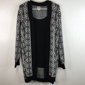Anne Klein Black White Open Front Long Cardigan Knit Top Drape Attached Size XL